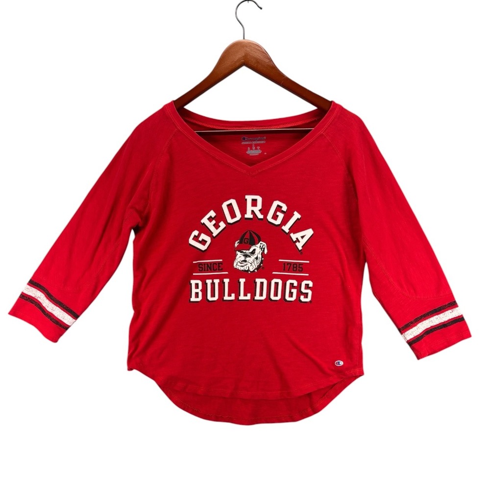 Champion Georgia Bulldogs UGA Red V-Neck 3/4 Sleeve Top Womens Small Gameday Tee